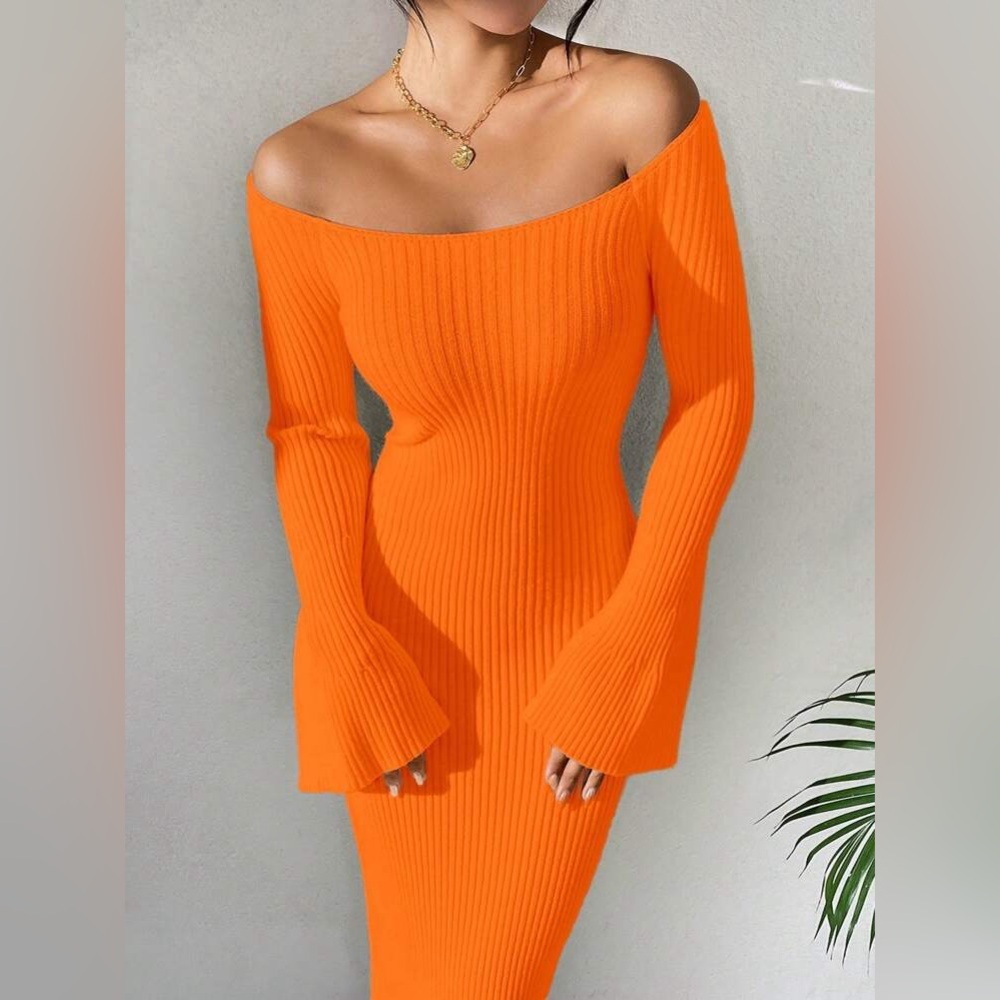 Shein Off-Shoulder Sweater Orange Ribbed Dress